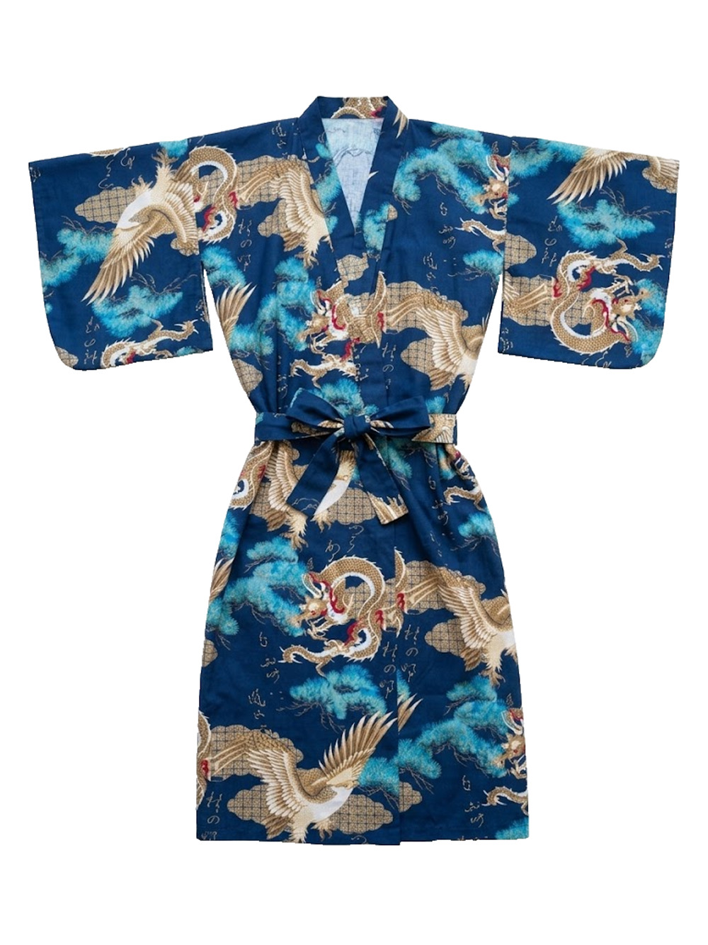 Vintage SMITHSONIAN Blue Japanese Kimono Robe Dragon Crane Print